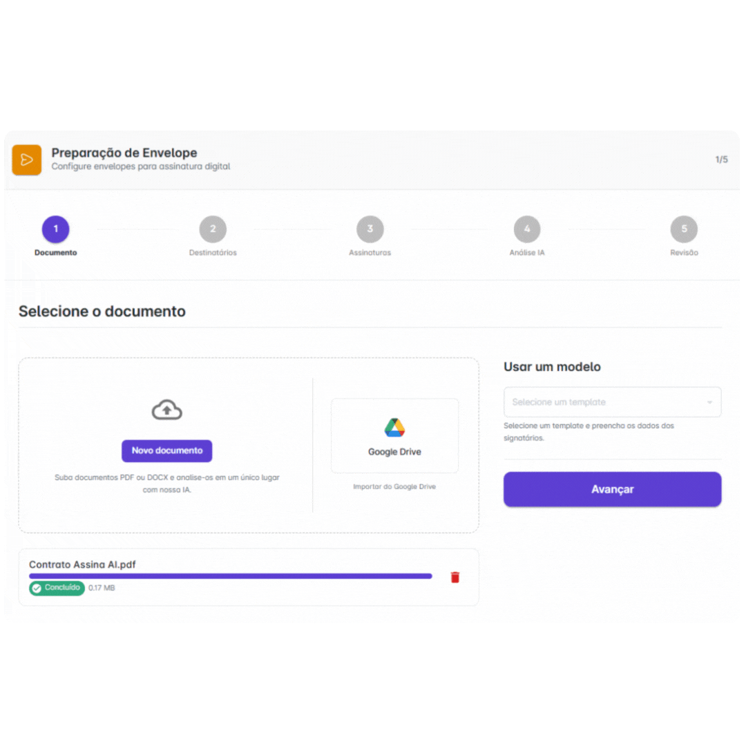 Interface assina.ai - 5 passos para enviar documentos